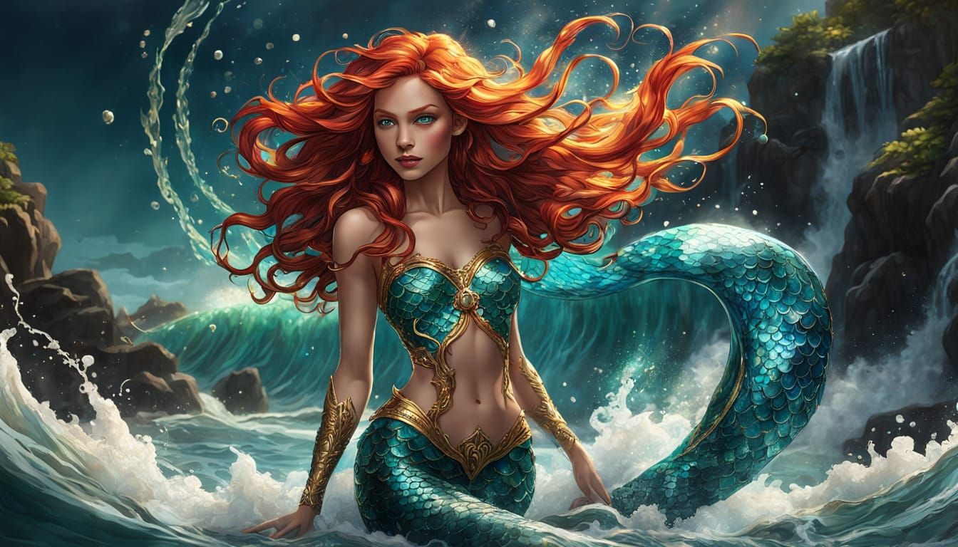 Mermaid Emerges from Azure Wave in Fiery Red Locks