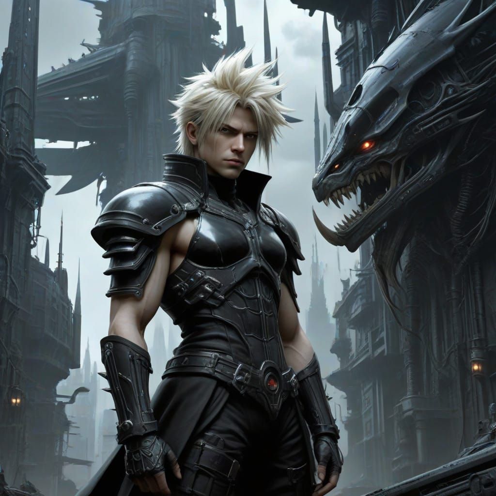 Cloud Strife Stands Amidst Ruins in Dreamlike Cityscape