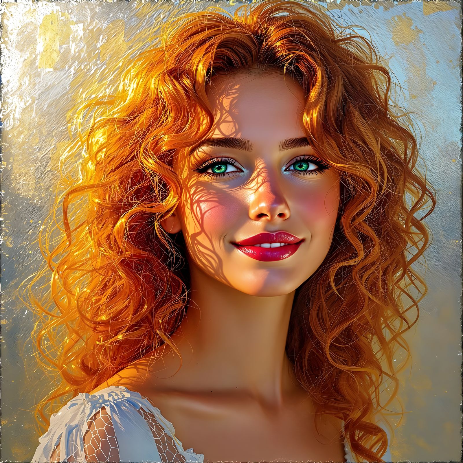 Serene Young Woman with Fiery Red Hair in Ethereal Light