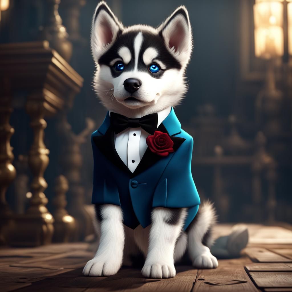 Husky Puppy in Tuxedo: Detailed Fantasy Art