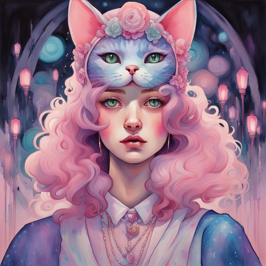 Woman in Cat Costume as Watercolor Painting