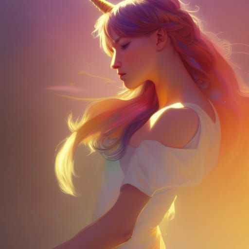 Unicorn and Girl Portrait in Hyperdetailed Style