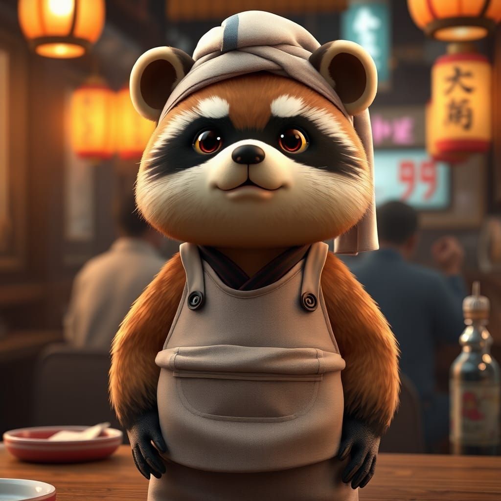 Tanuki Character in Modern Samue, 3D Anime Art