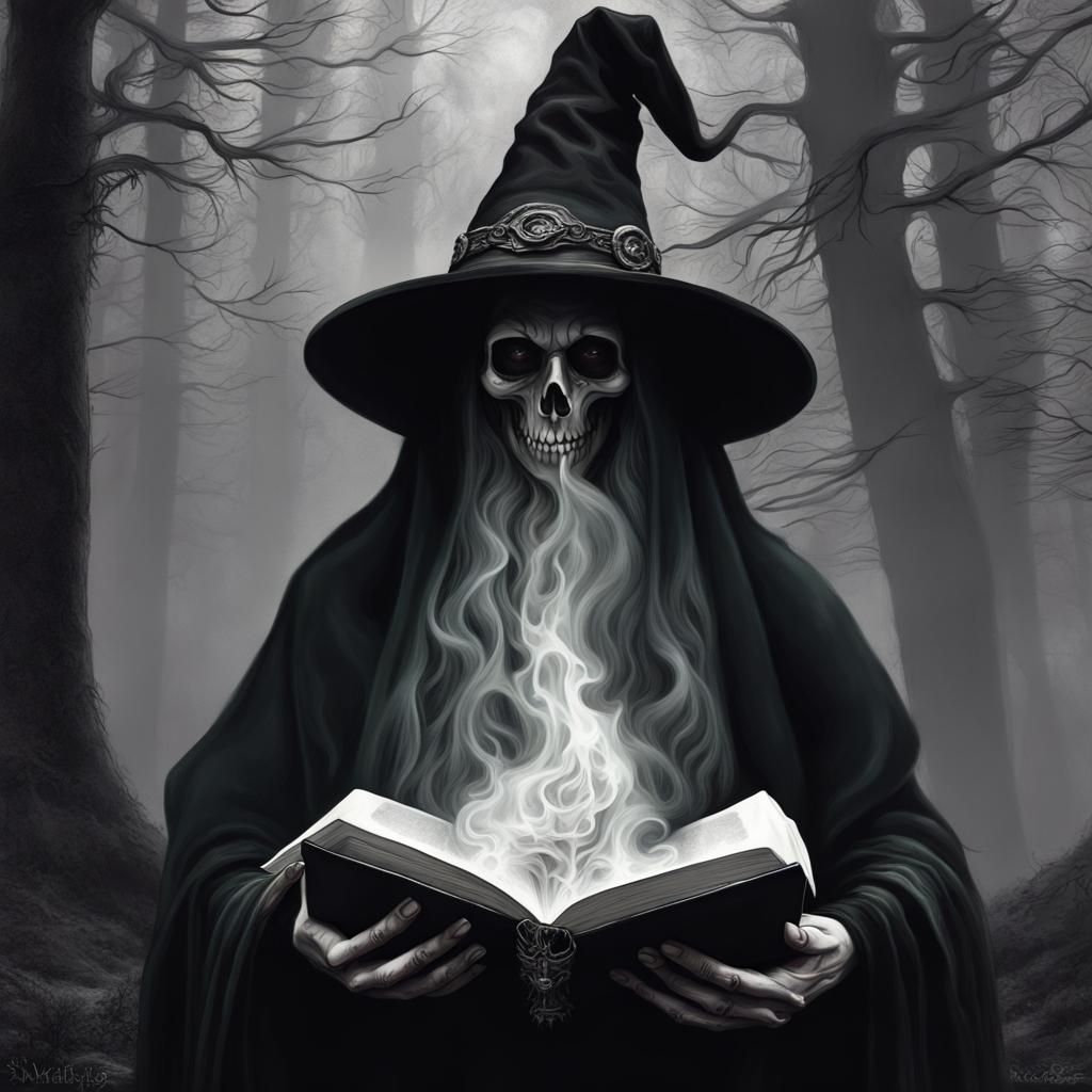Surrealist Witch with Skull Book in Dead Forest