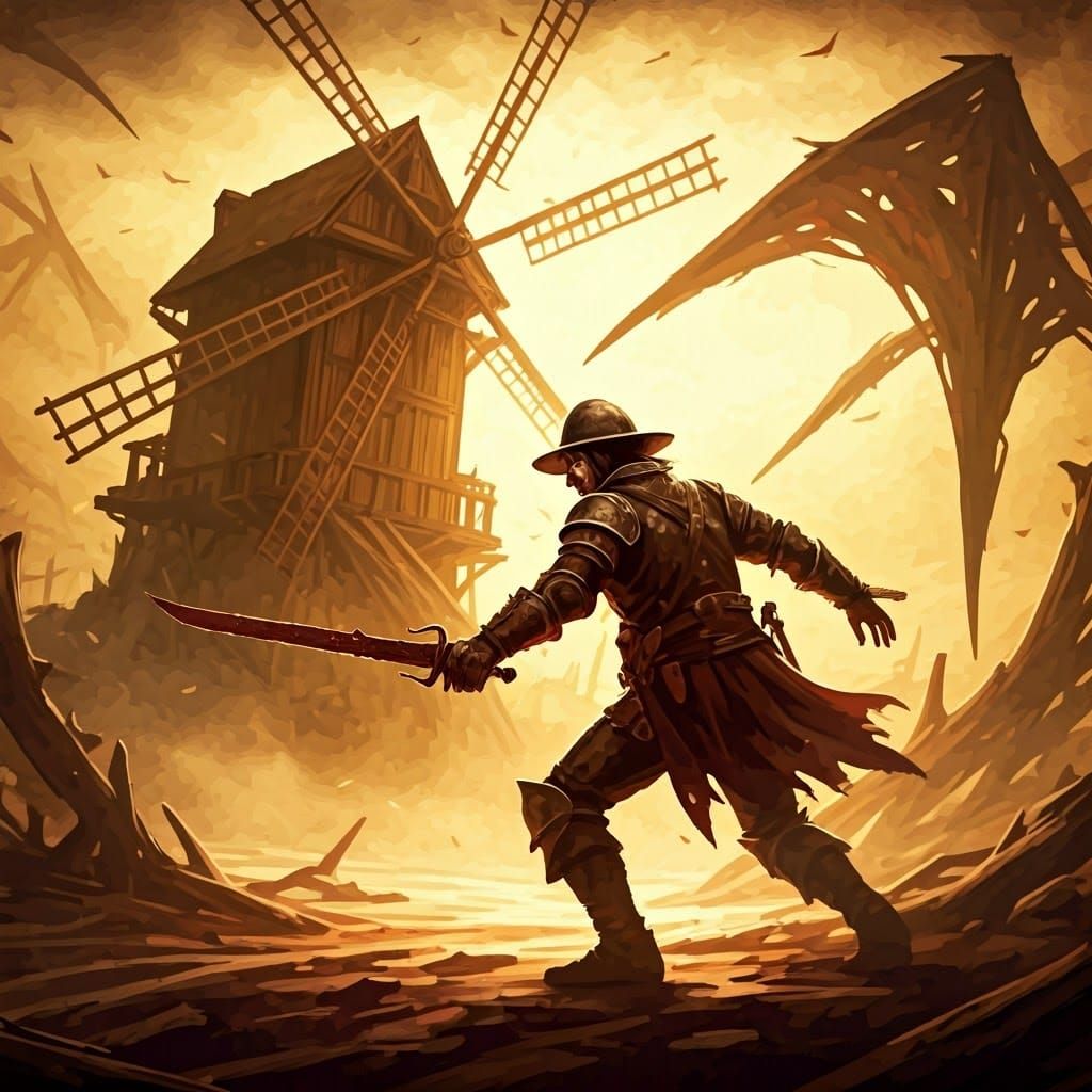 Determined Warrior Battles Ancient Demon Windmill in Golden....