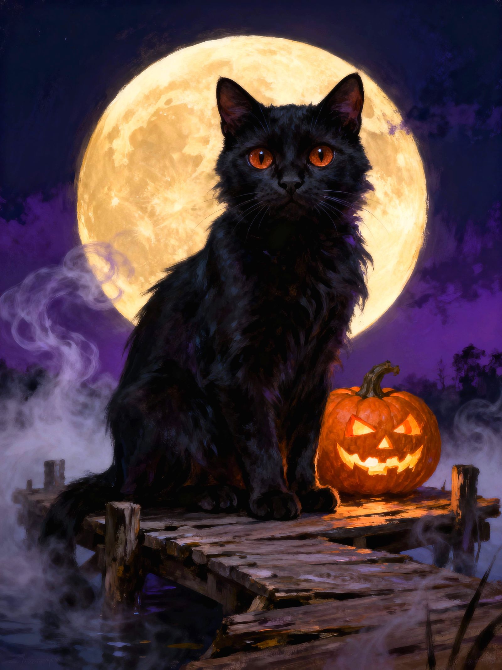 Gothic Cat Sits on Dock Under Pale Moon