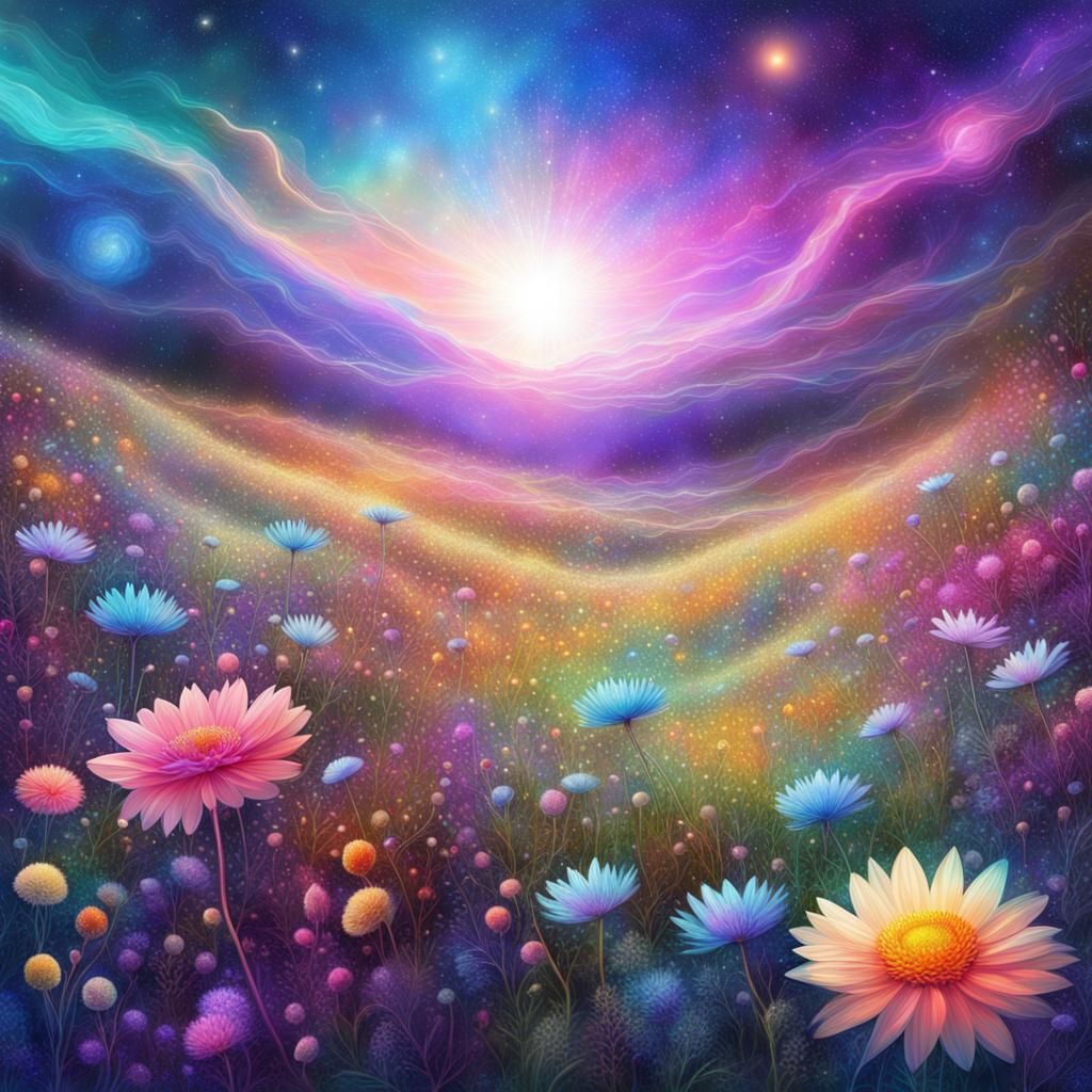 Cosmic Flower Meadow in Pablo Amaringo Style