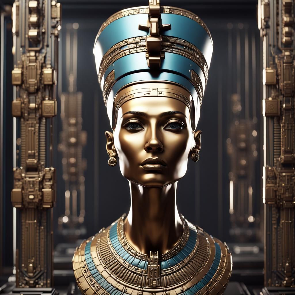 Futuristic Sci-Fi Nefertiti Bust in Polished Metal
