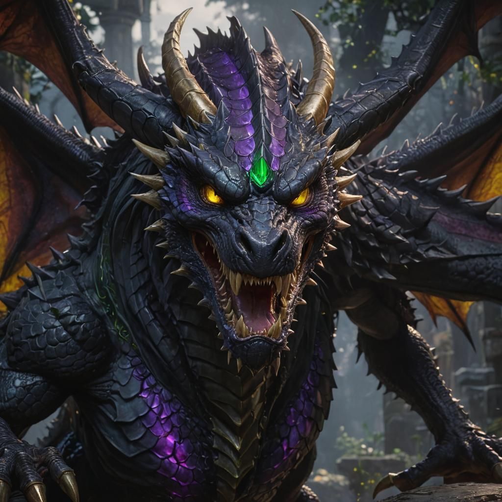 Hyperdetailed Black Dragon with Green Eyes