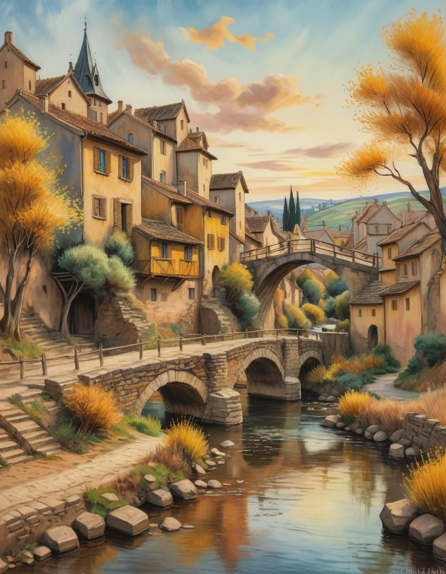 Colored charcoal drawing. Ancient town with bridge over smal...