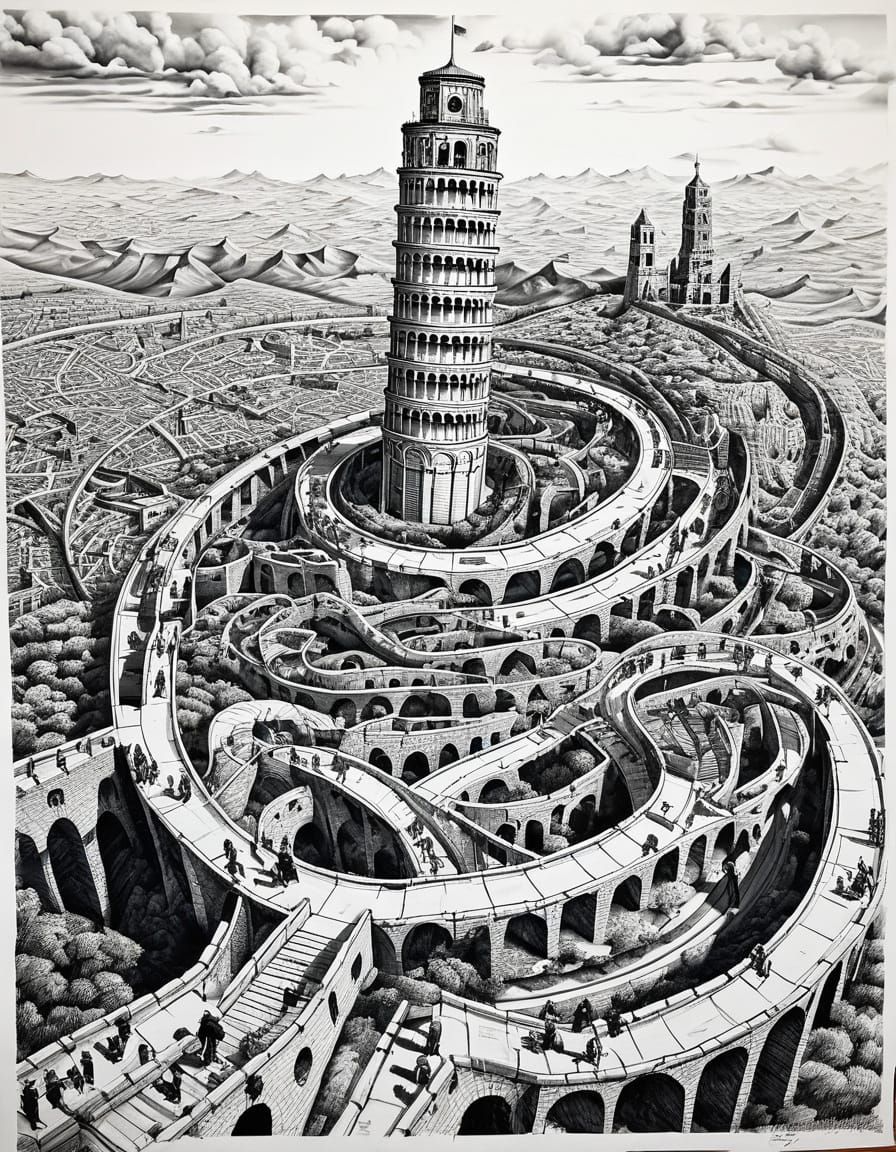 Intricate Maze of World Landmarks Double Exposure Art