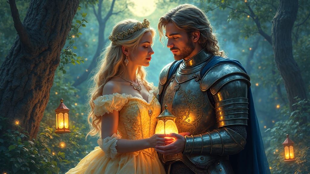 Whimsical Princess Aurora and Prince Phillip in Moonlit Fore...