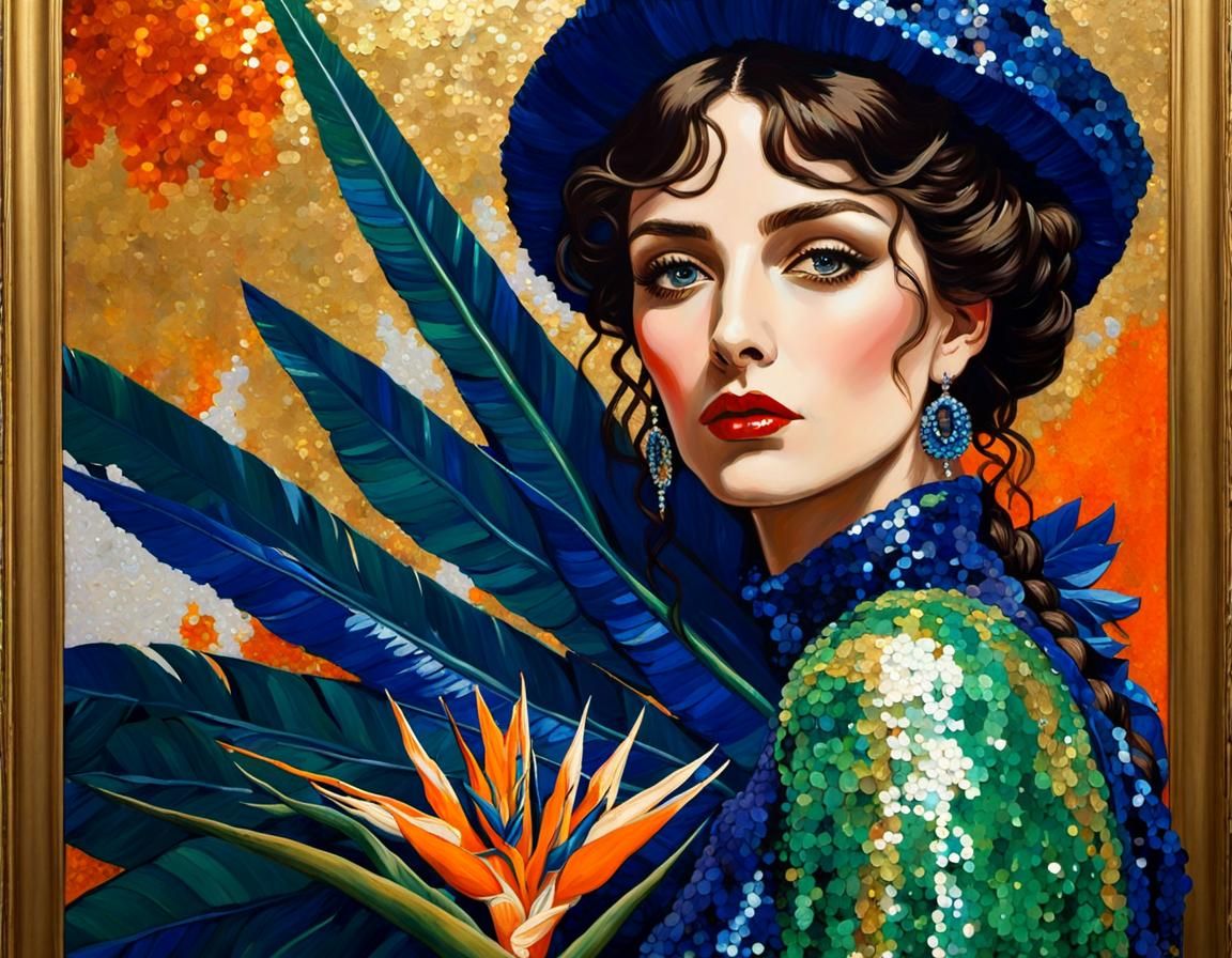 Sequin Lady Portrait with Strelitzia in Art Nouveau Style