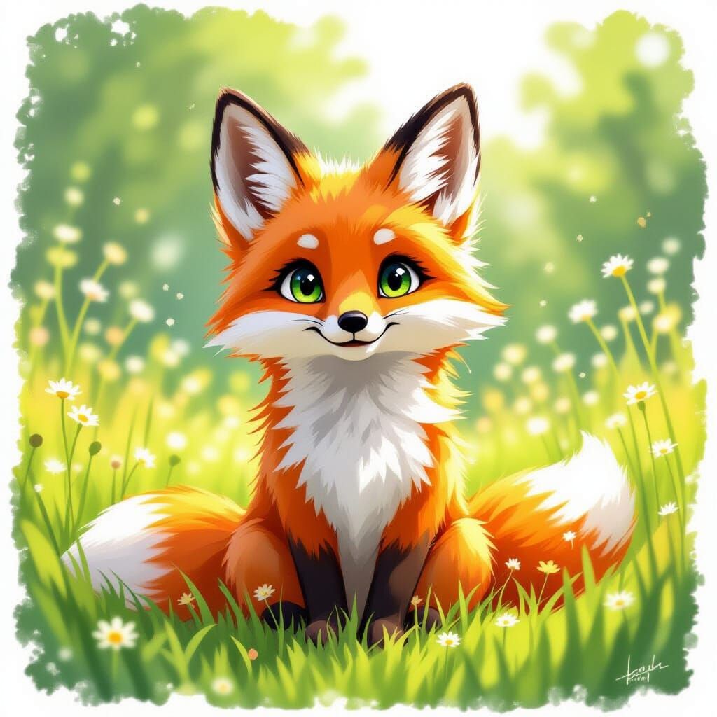 Whimsical Fox in Meadow, Miyazaki-Inspired Illustration