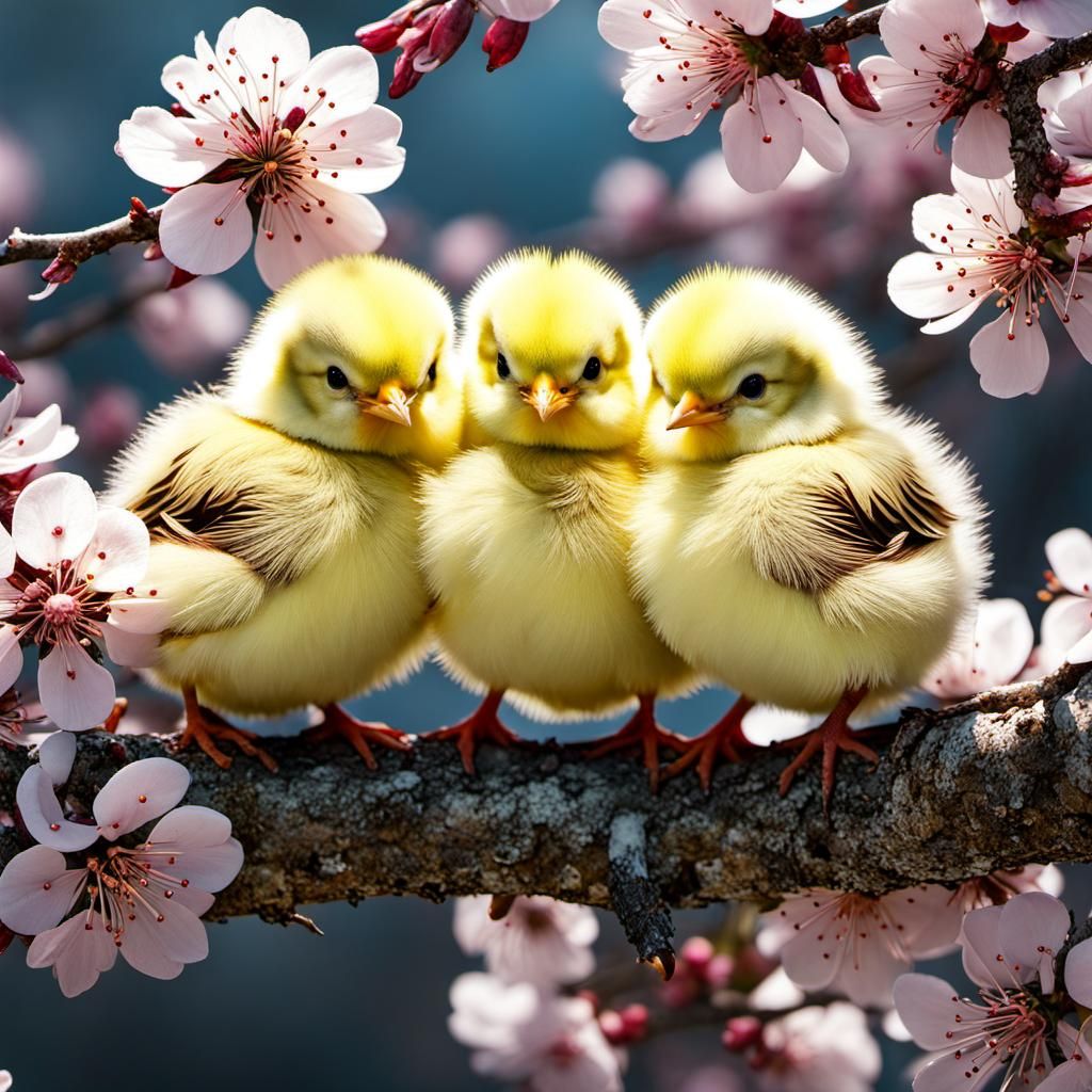 Cute Chicks Snuggling on Blossom Branch, Photorealistic Rend...