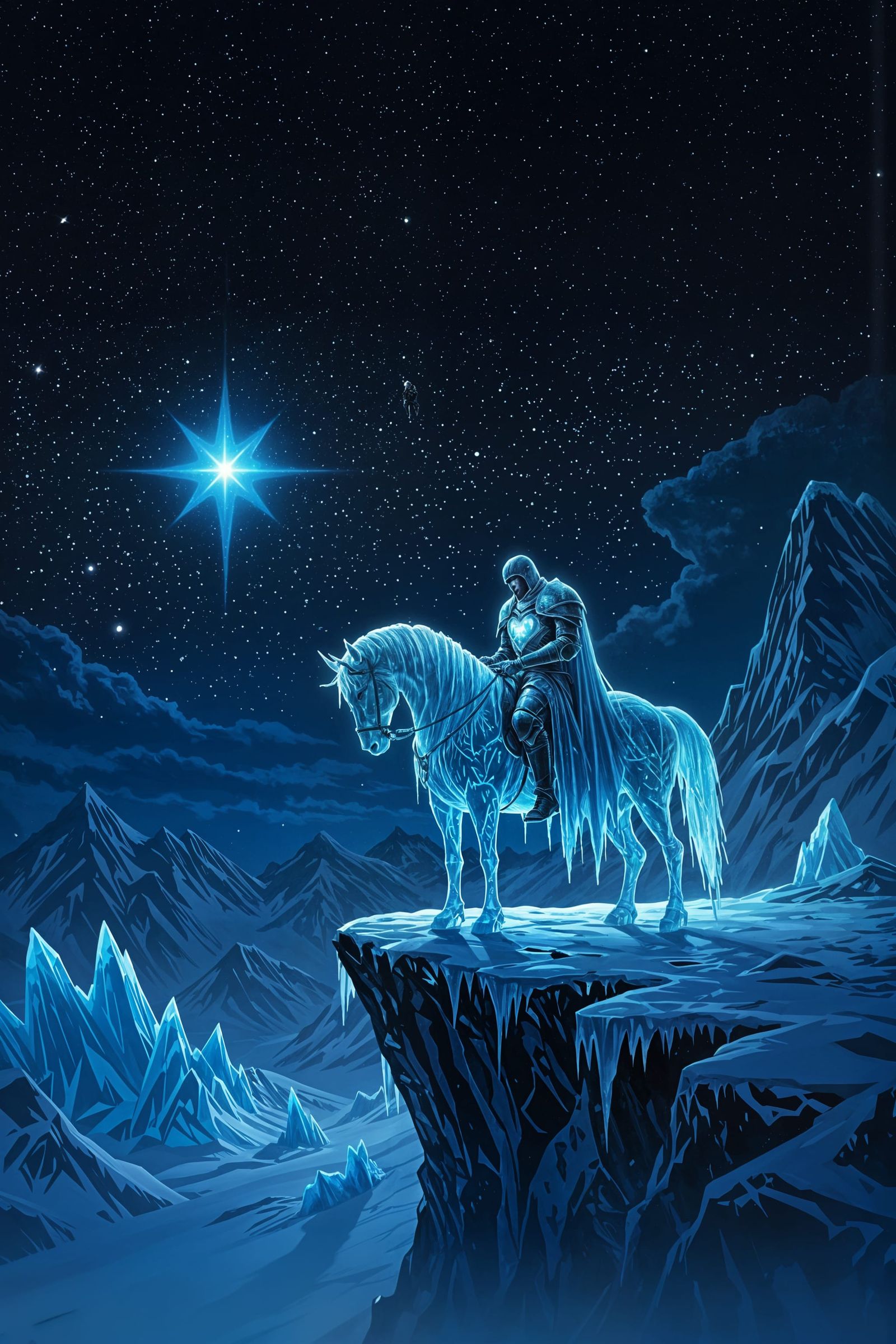 Melancholic Ice Knight on Spectral Horse Under Starry Night