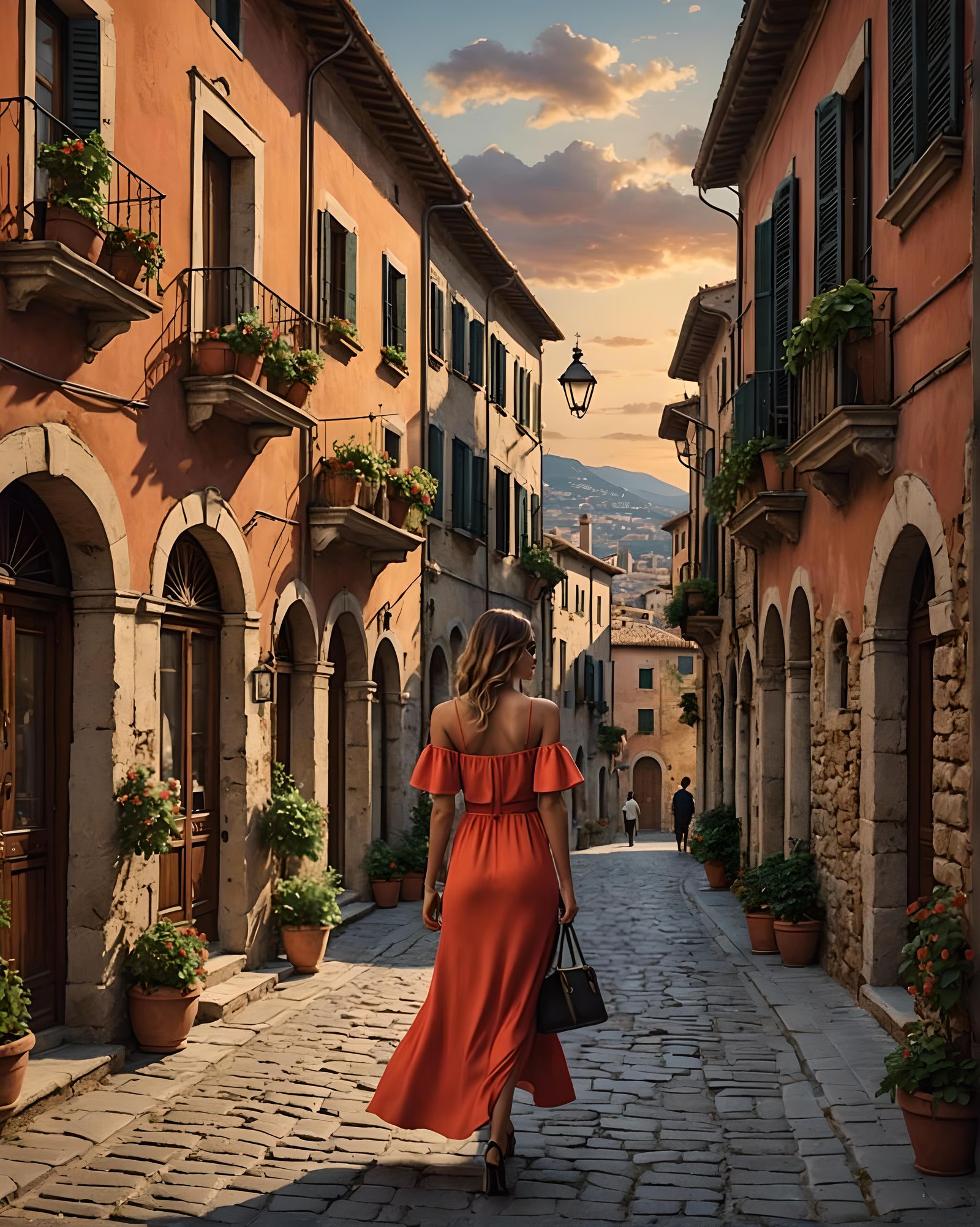 Italian Village Sunset with Elegant Women