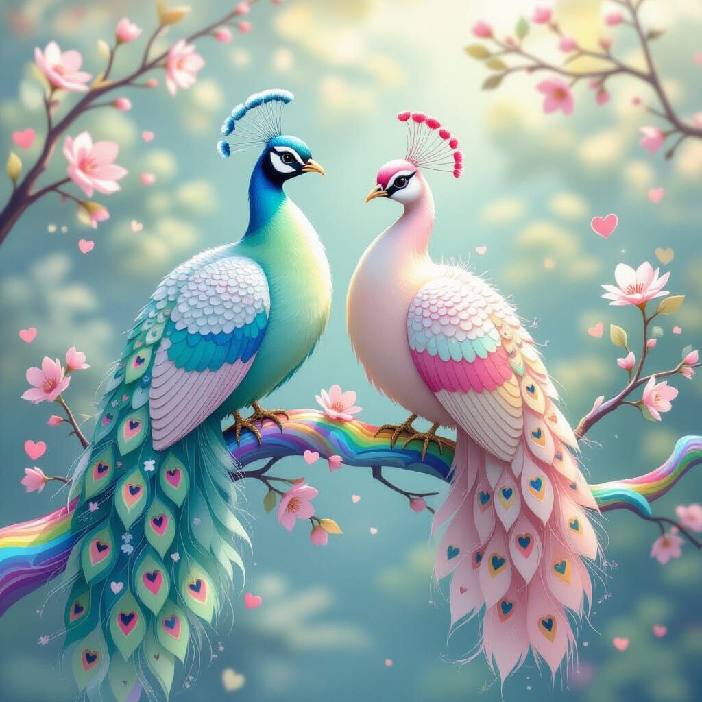 Pastel Peacocks on Rainbow Branch in Dreamy Digital Art