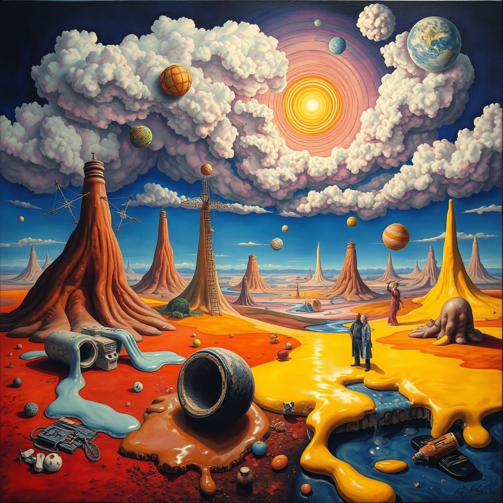 Surrealist Dreamscape with Melting Objects and Vibrant Color...