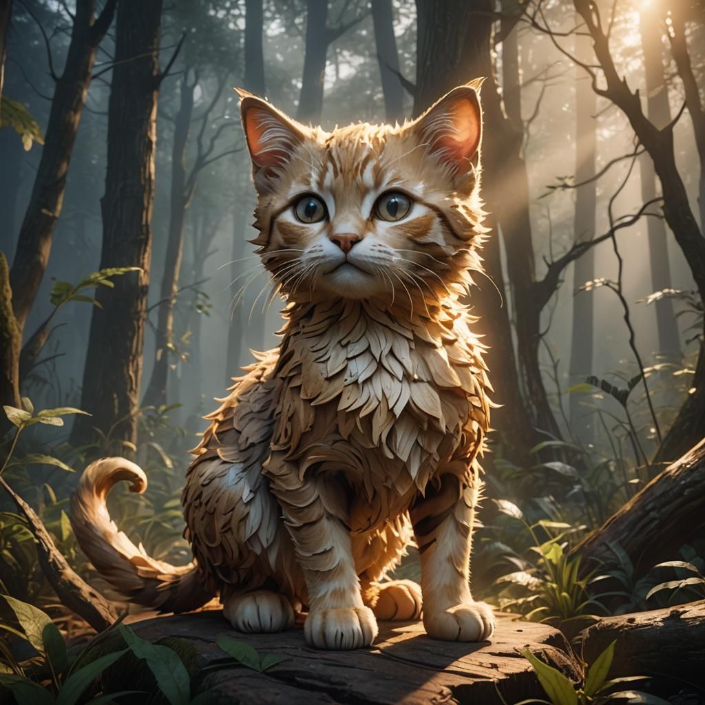 Wooden Kitten Sculpture in Misty Forest at Dawn