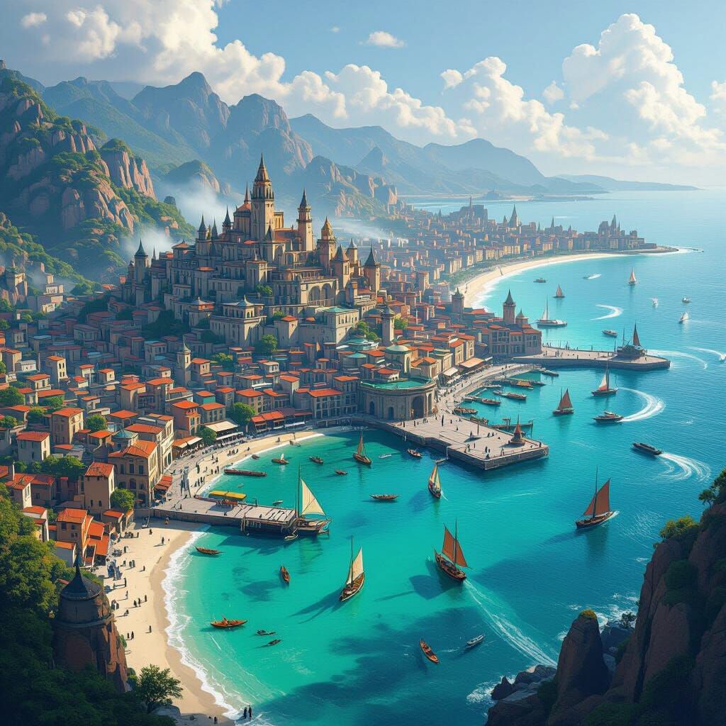 Fantastical Coastal City at River Mouth with Historic Harbor