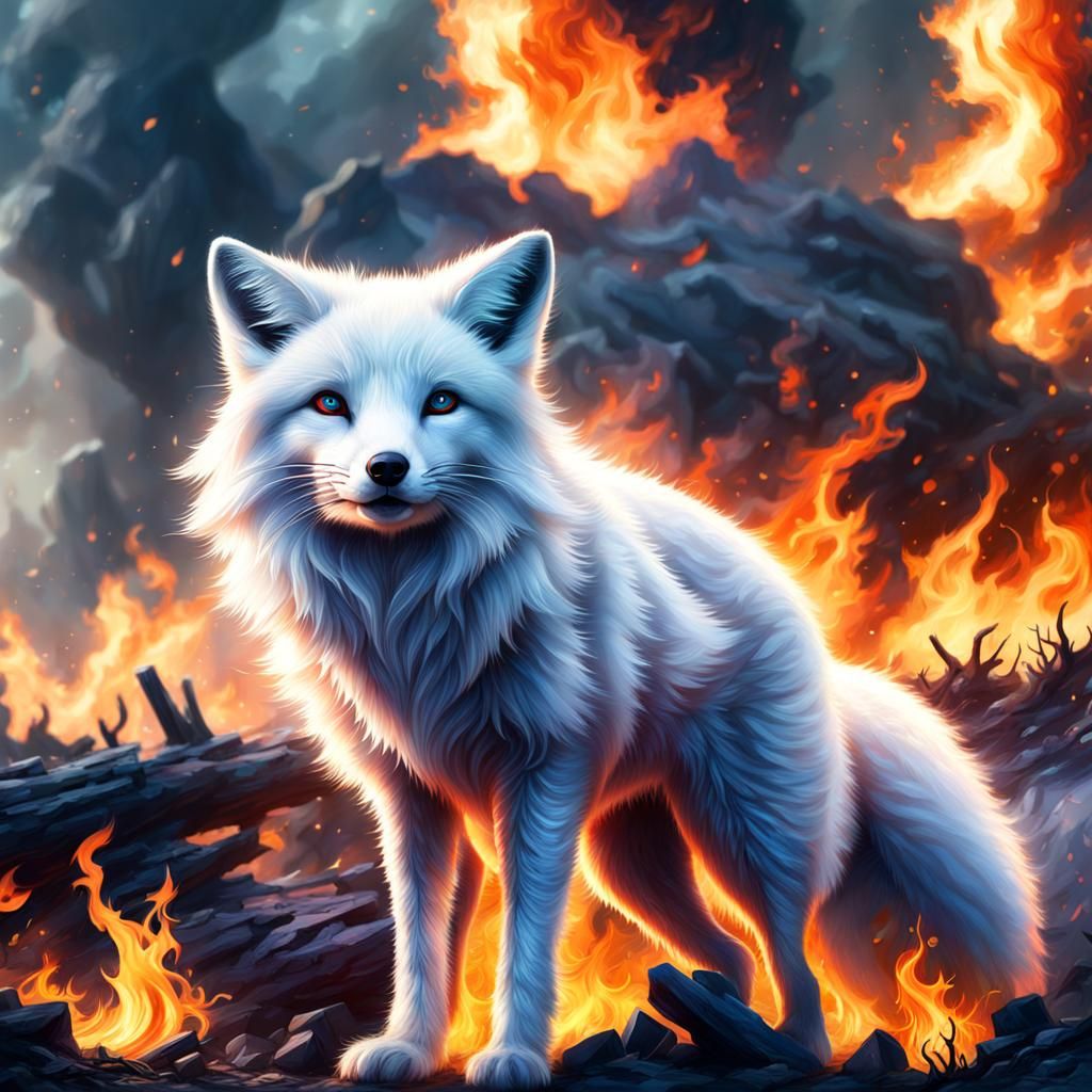 White Fox Surrounded by Fire: Digital Matte Painting