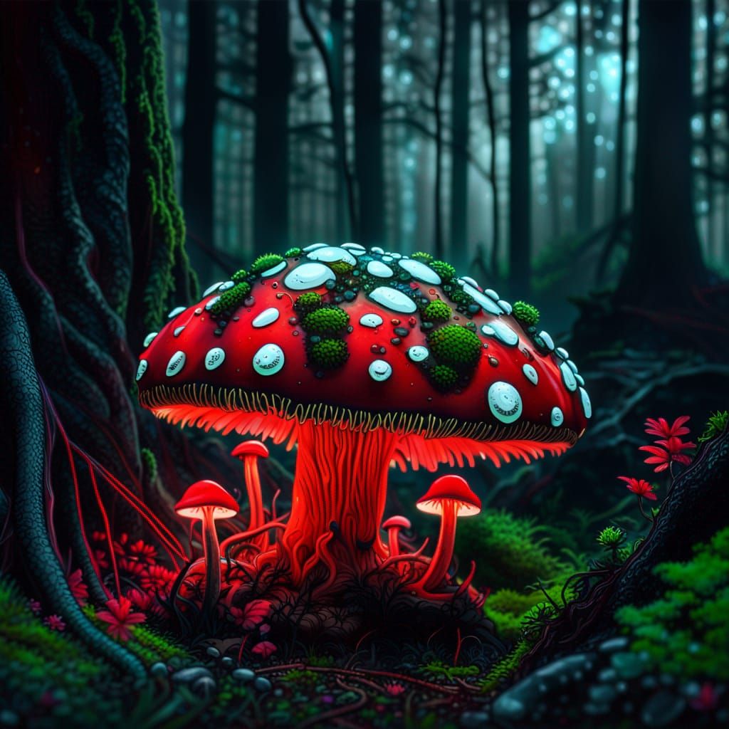Neon Mushroom in Cyberpunk Forest at Night