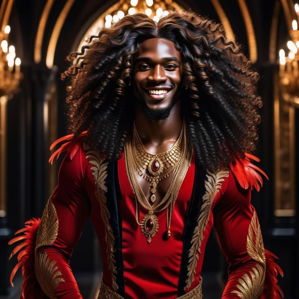 Glamorous Young Man in Gothic Hall with Red Dress