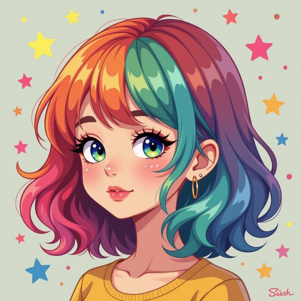 Girl with Colorful Ombre Hair, Murakami Style