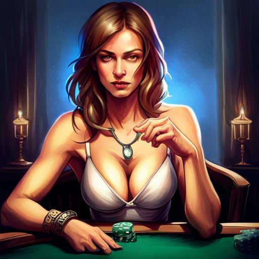 Woman Playing Poker in Detailed Digital Art Style