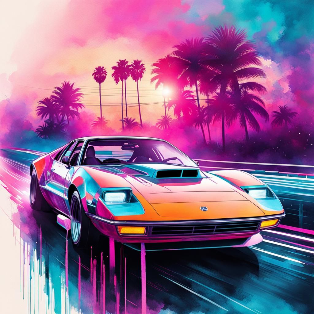 Retrowave Car and Racetrack in Double Exposure Style