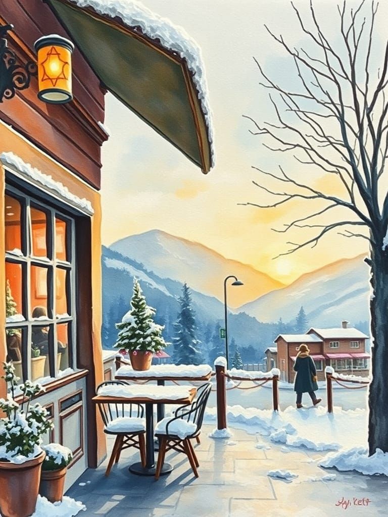 Impressionist Winter Sunrise at a Snowy Coffee Shop