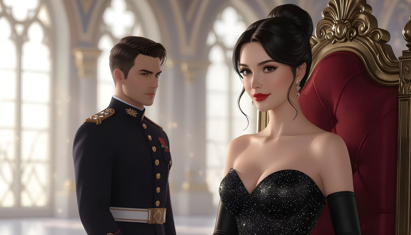 Queen in Sparkly Gown in Dim Throne Room, 8K Concept Art