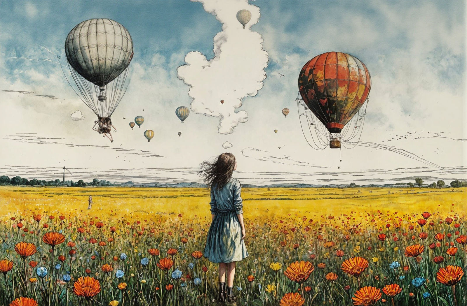 Girl Standing in a Vibrant Flower Field, Watching a Hot Air ...