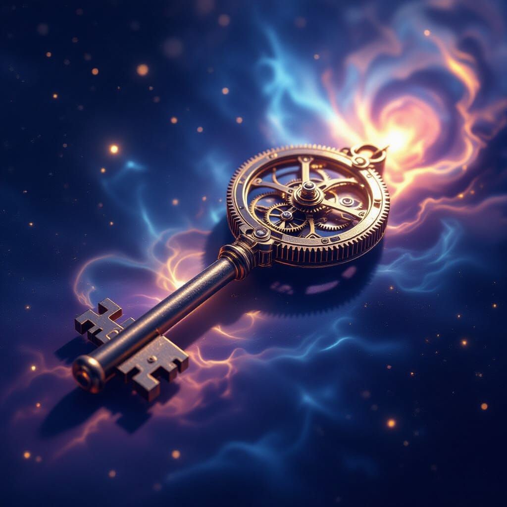 Intricate Clockwork Key in Cosmic Nebula