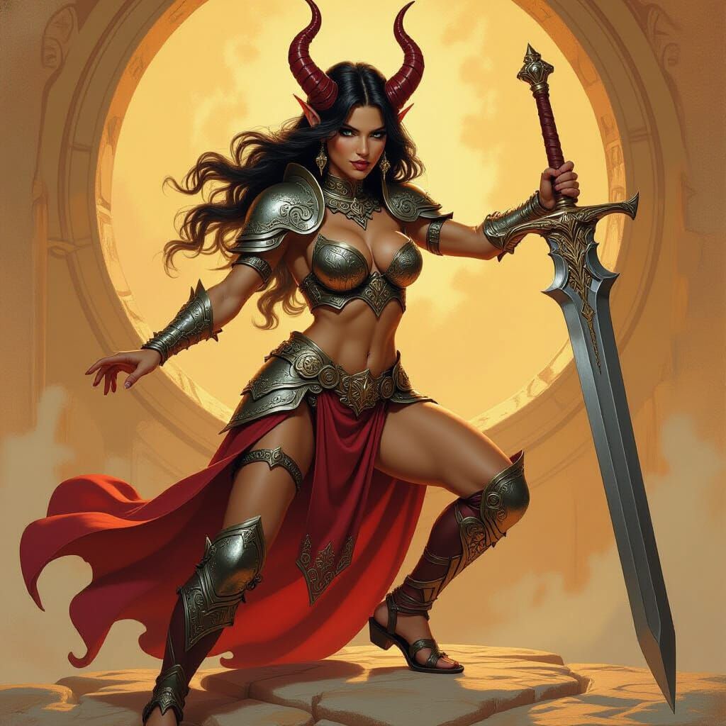 Tiefling Warrior with Massive Sword, Elmore Style