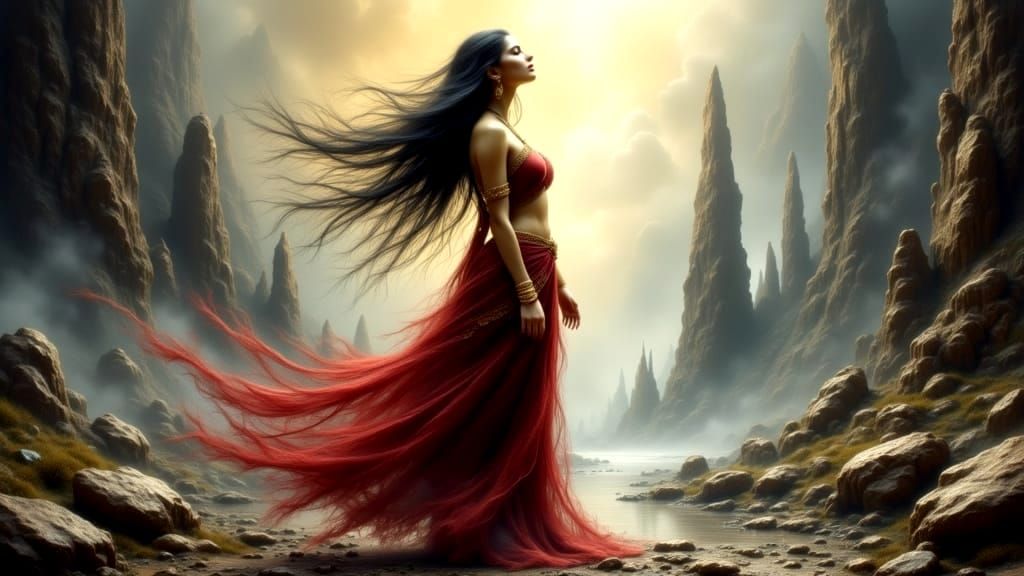 Ethereal Apsara in Mystical Landscape: Realistic Oil Paintin...