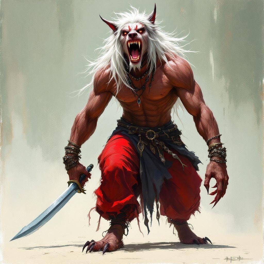 Dog Half-Demon with Sword as Oil Painting