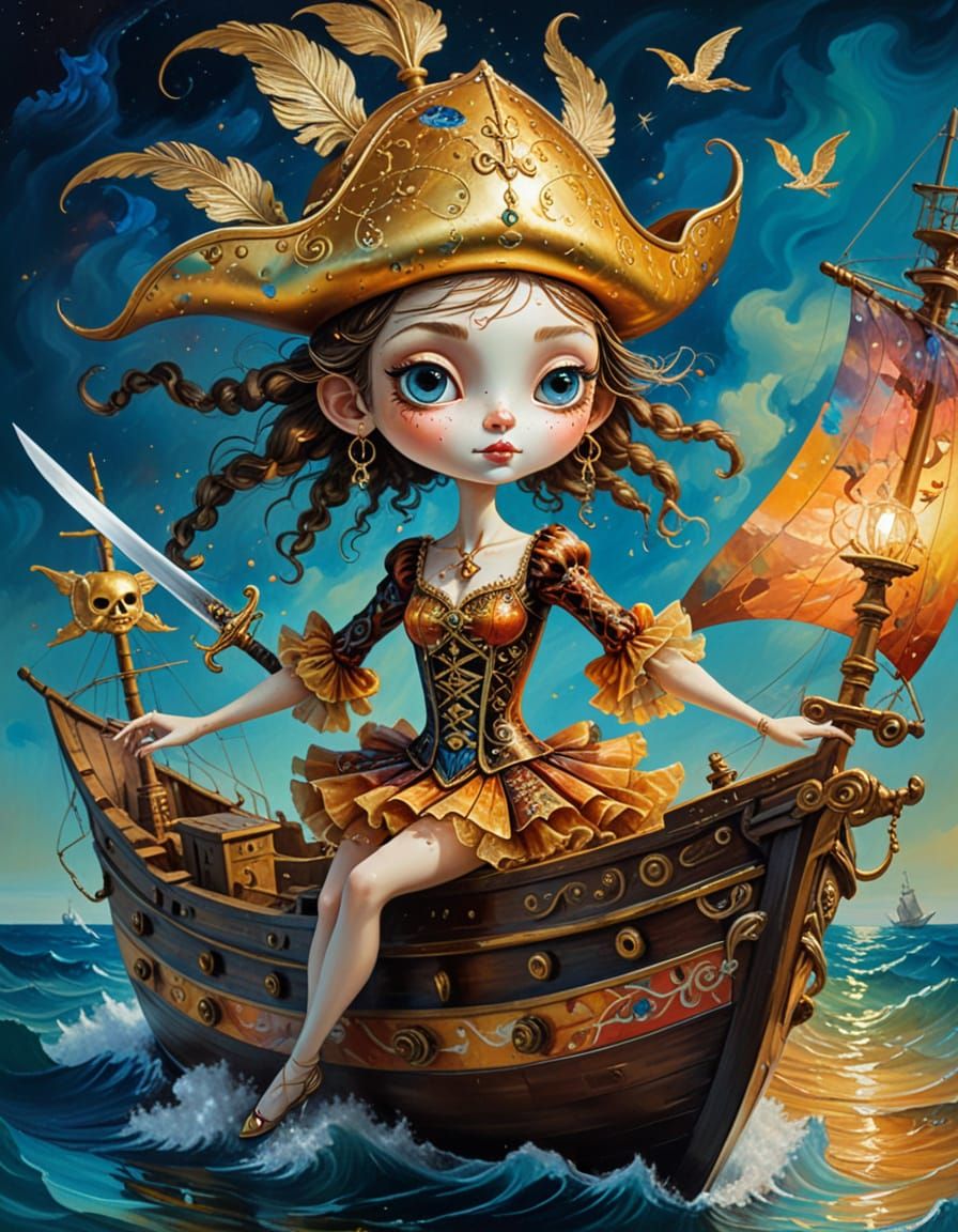 Surreal Pirate Ballerina on Treasure Ship