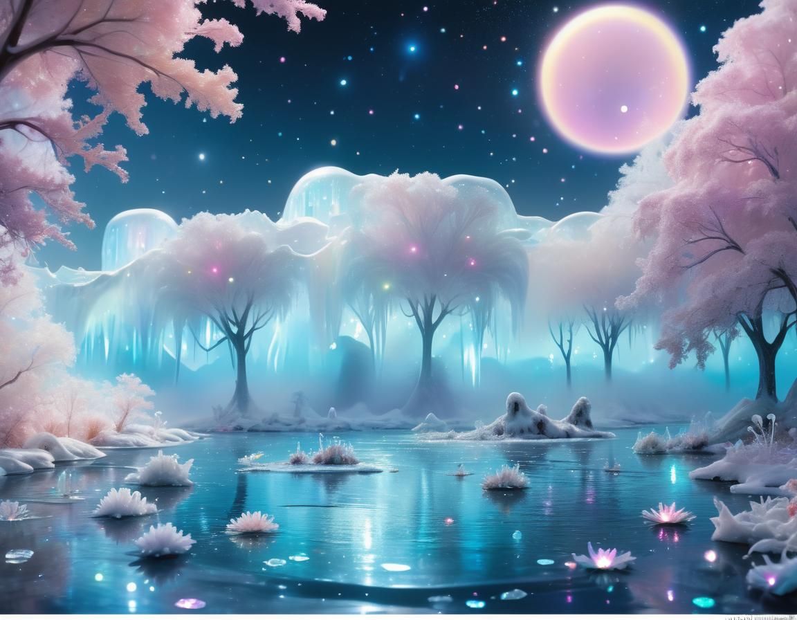Bioluminescent Ice Garden with Rainbow in Pastel Fauvism