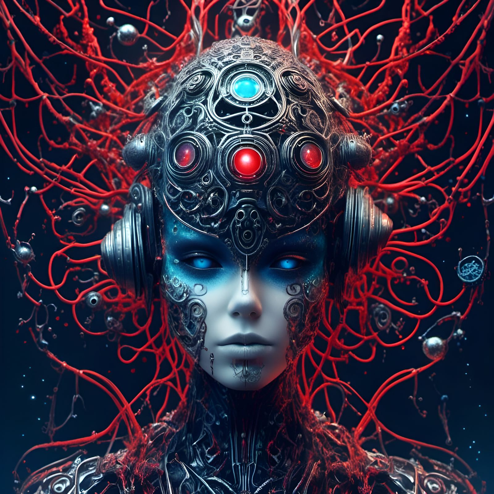 Cybernetic Organism with Glowing Runes in Monochromatic Sche...