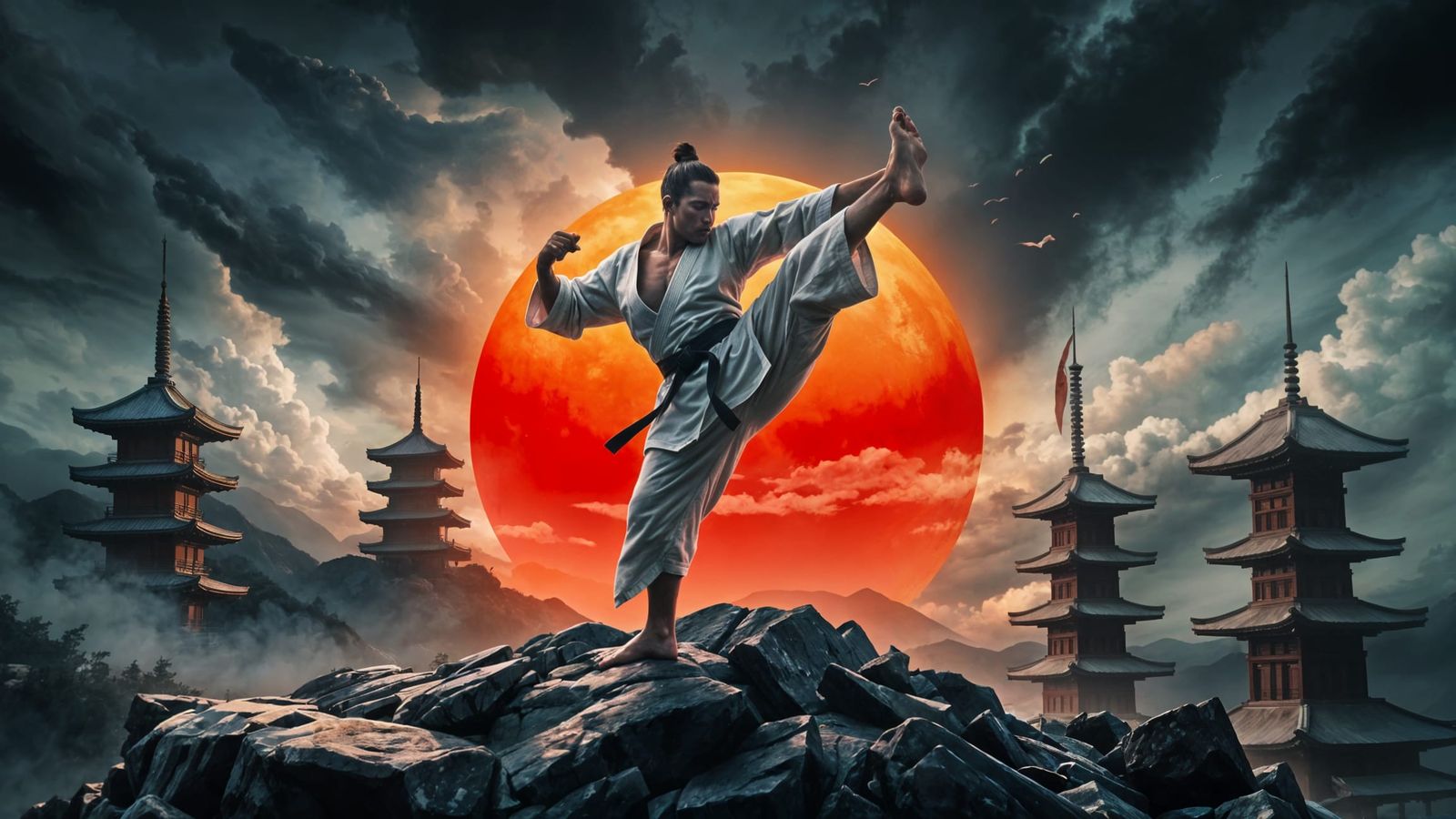 Dramatic Karate Fighter Kicking, Painterly Style