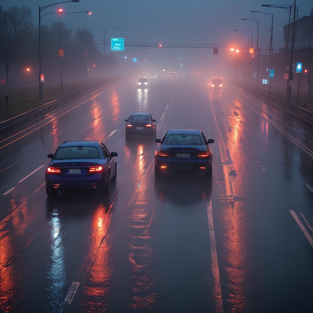 Night Highway Drive in Fog with Flashing Lights