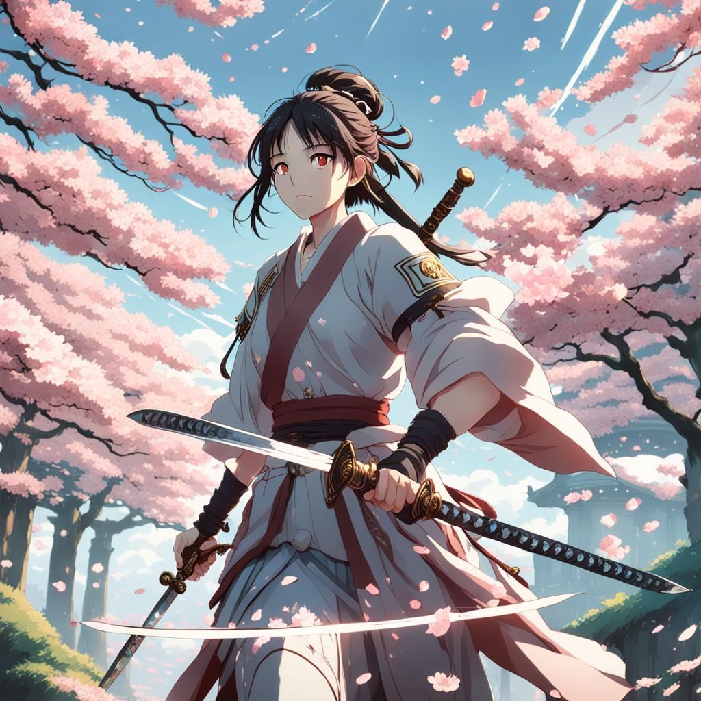 Anime Warrior Under Cherry Blossom Trees