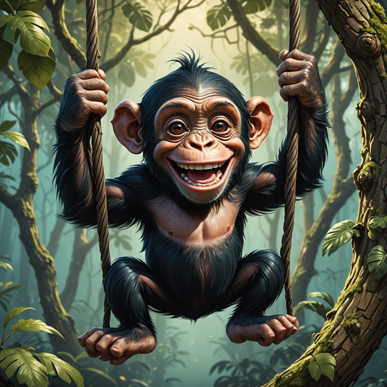 Adorable Chimpanzee Swinging Through Jungle Canopy