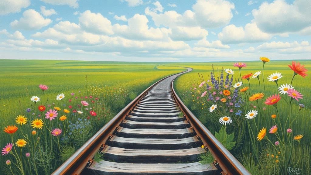 Surreal Landscape with Wildflowers and Railroad Tracks in Pa...