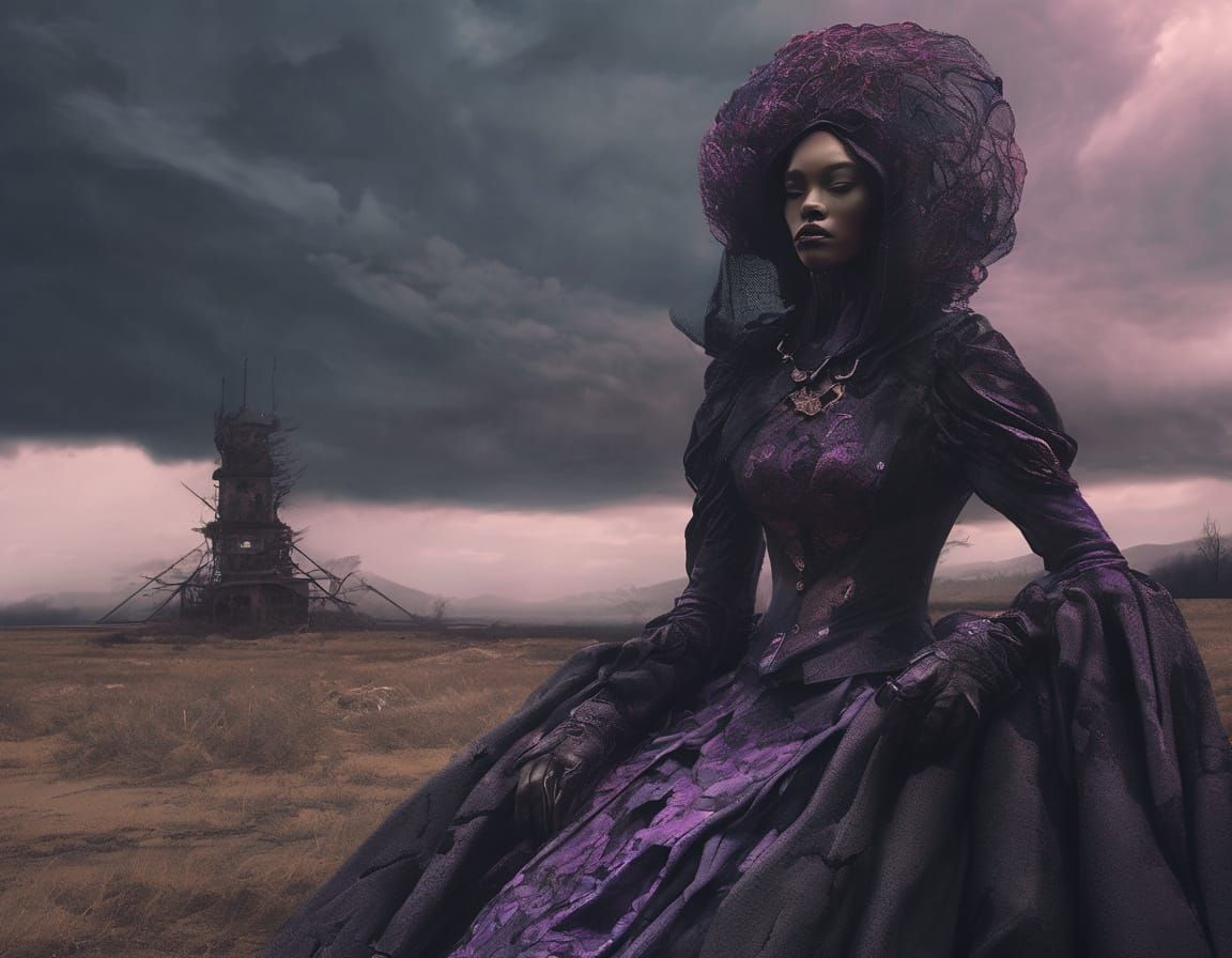 Melancholic Warrior Woman in Cyber Gothpunk Gown