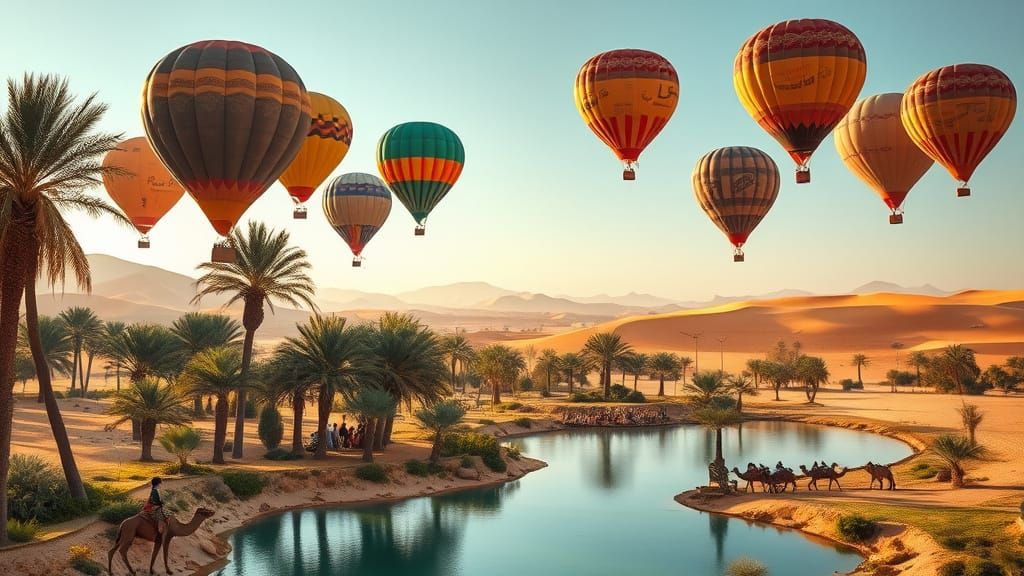 Floating Oasis in Arabian Desert with Balloons