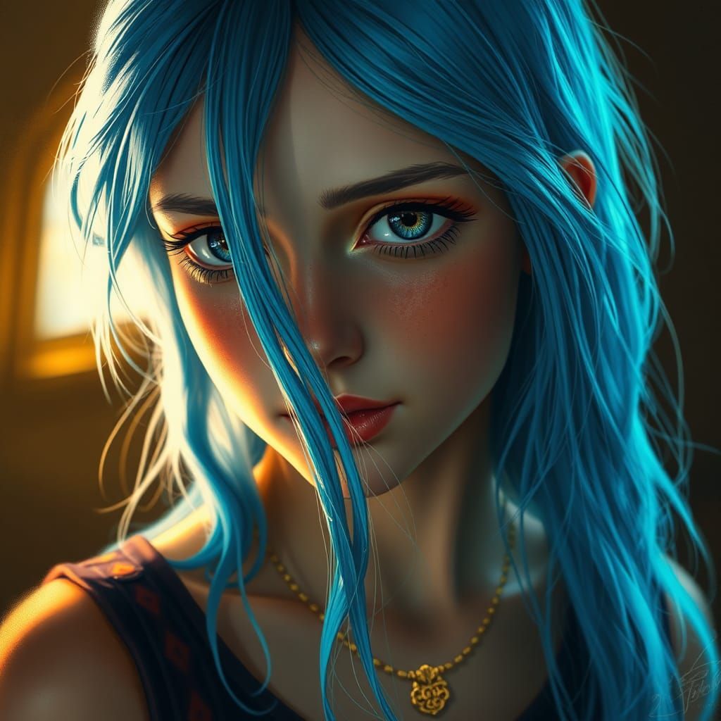 Teenage Girl with Blue Hair in Digital Painting Style