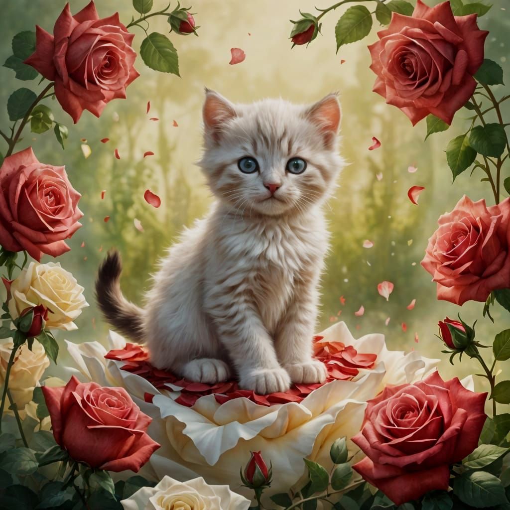 Surreal Pastel Scene of Innocent Kitten on Rose Petal